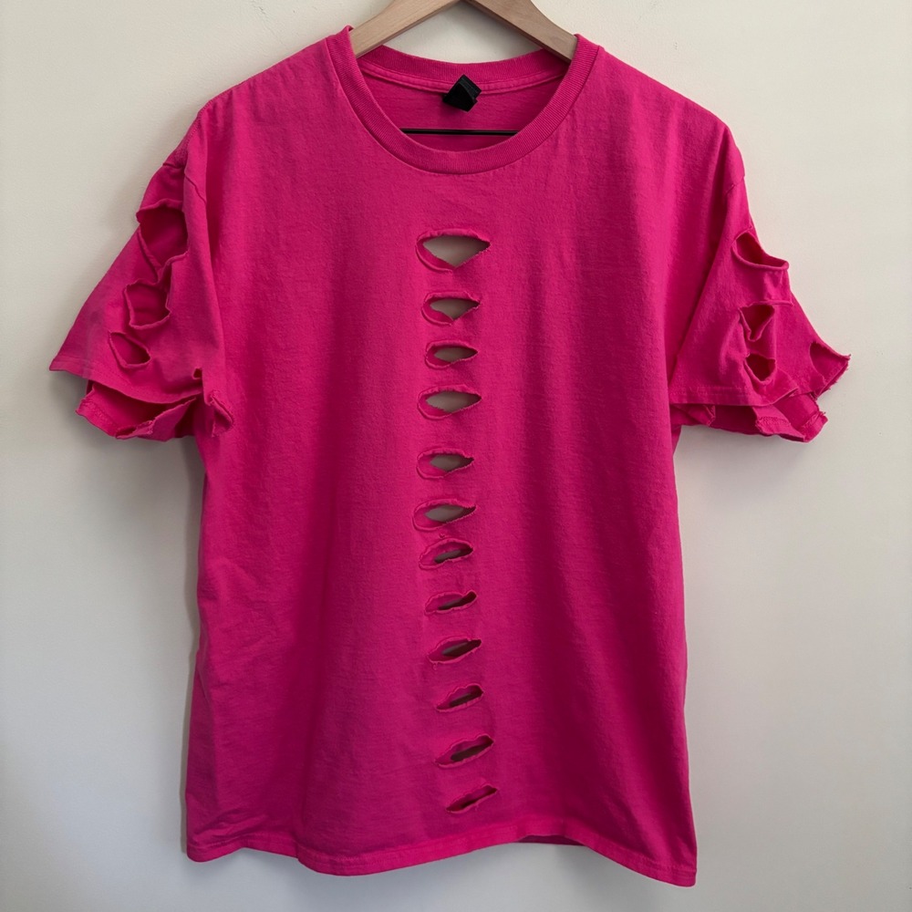 Gildan Heavy Cotton Distressed Slit T-Shirt Hot Pink Punk Shredded Tee Large